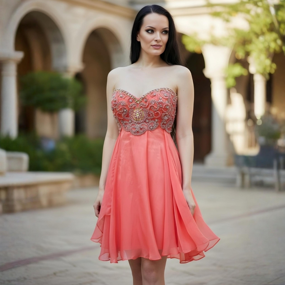 Strapless Coral Prom Dress with Beaded Bodice